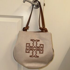 Tory Burch Cream Canvas Shoulder Bag with Brown Leather Trim